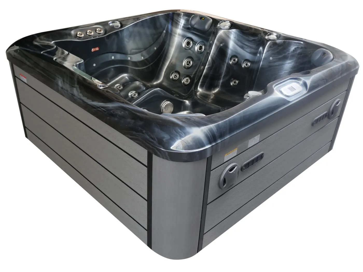 Kwadratowe jacuzzi akrylowe Wójciak SPA z niecką w kolorze grafitowym i obudową kompozytową antracyt