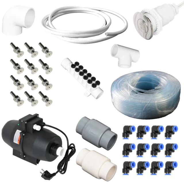 Zestaw aeromasażu do balii i jacuzzi 12 dysz INOX + pompa powietrzna PROWAY 700W z grzałką 300W – kompletny system