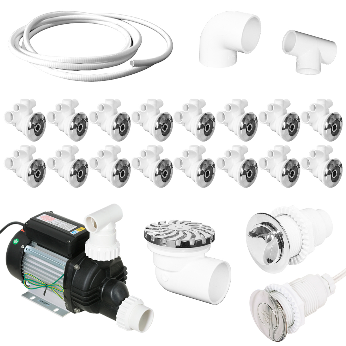 Zestaw hydromasażu 16 dużych dysz Ø90 mm + pompa 2000W 500 l/min – kompletny system do jacuzzi i balii ogrodowej