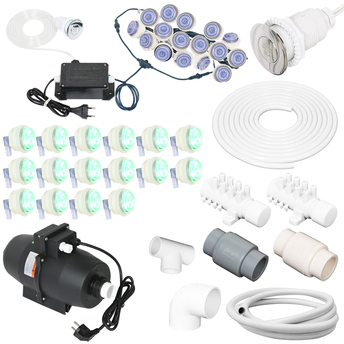 Zestaw aeromasażu LED 16 dysz + pompa powietrzna 700 z podgrzewaczem 300w – kompletny system do jacuzzi i balii ogrodowej