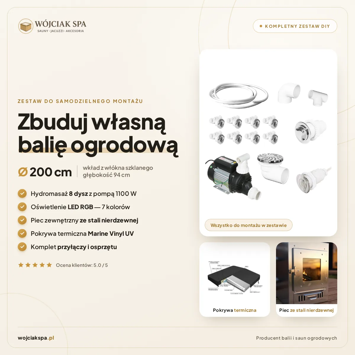 Zestaw do samodzielnego montażu balii ogrodowej 200 cm – hydromasaż 8 dysz + LED RGB | WójciakSpa